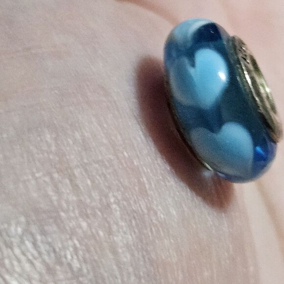 **Sale** Pandora Sterling Silver Murano Glass Blue White Hearts Bead Charm - Picture 5 of 12